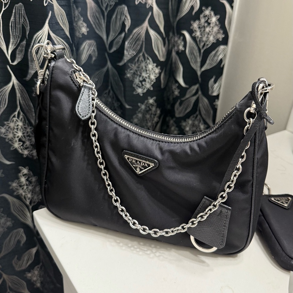 Prada Black Nylon Shoulder Bag with Silver Chain